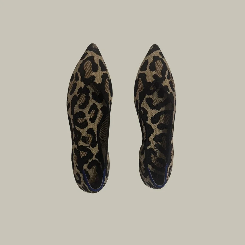 Rothys The Point Leopard Print Pointed Toe Knit Flats Brown Black Tan Size 9.5